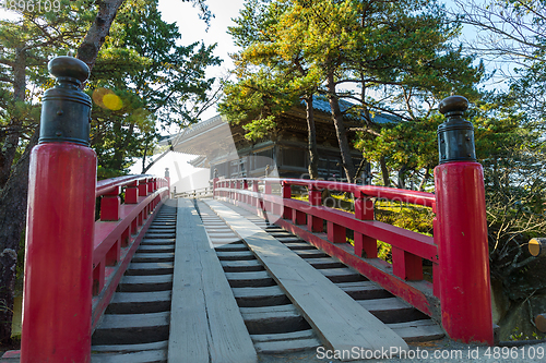 Image of Matsushima and red bridge in Japanese temple