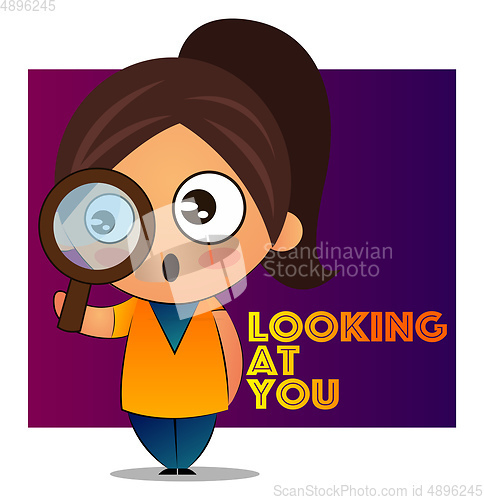 Image of Girl with brown ponytail is looking at you through a magnifying 