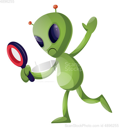 Image of Alien with magnifying glass, illustration, vector on white backg