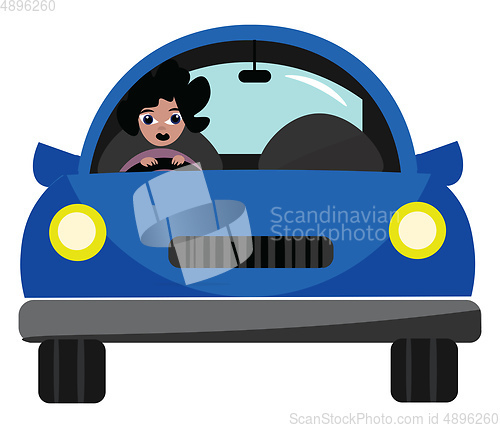 Image of  A woman driving blue colored car , vector or color illustration