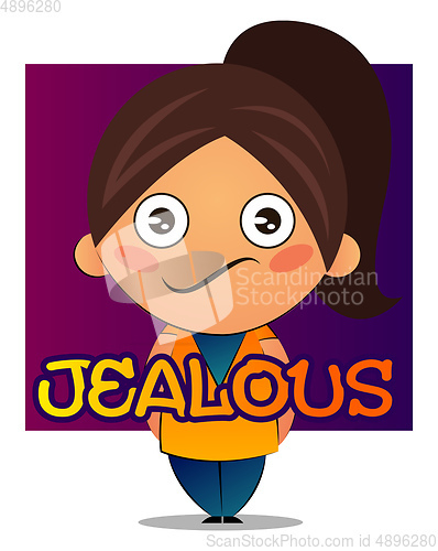 Image of Girl with brown ponytail is jealous, illustration, vector on whi