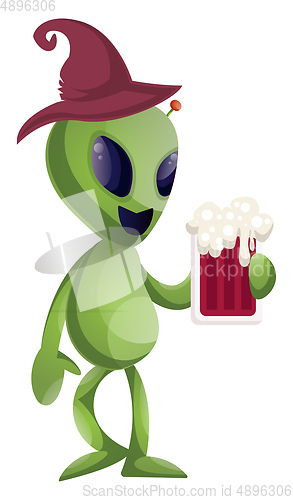 Image of Alien with beer, illustration, vector on white background.