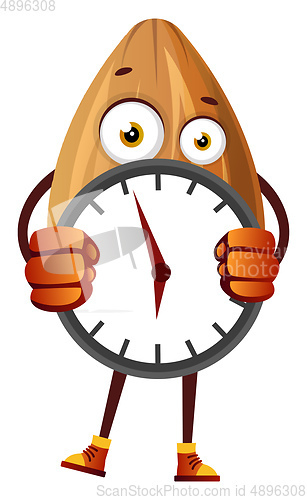 Image of Almond hiding behind big clock, illustration, vector on white ba