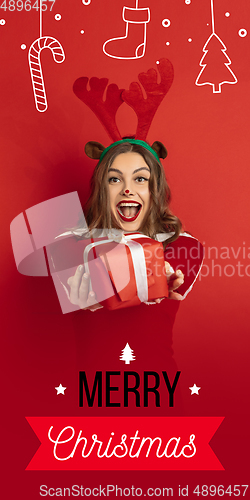 Image of Greeting flyer for ad. Concept of Christmas, 2021 New Year\'s, winter mood, holidays. Copyspace, postcard.