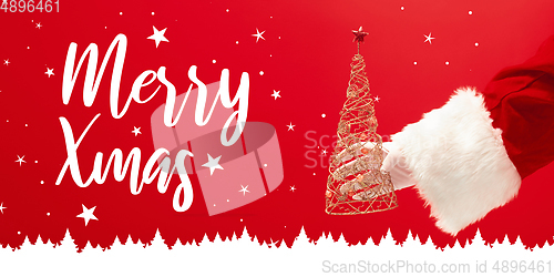 Image of Greeting flyer for ad. Concept of Christmas, 2021 New Year\'s, winter mood, holidays. Copyspace, postcard.