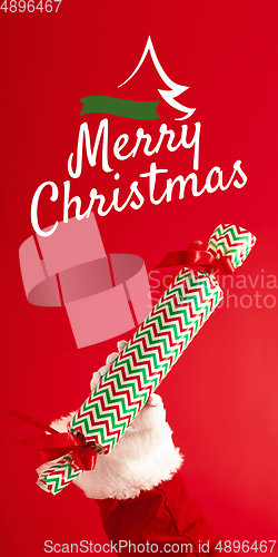 Image of Greeting flyer for ad. Concept of Christmas, 2021 New Year\'s, winter mood, holidays. Copyspace, postcard.