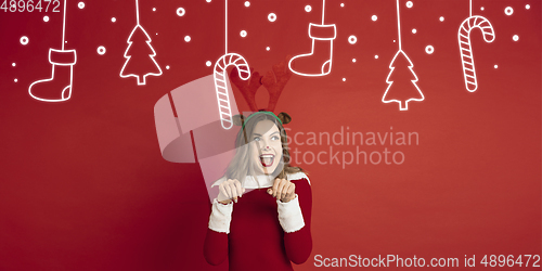 Image of Greeting flyer for ad. Concept of Christmas, 2021 New Year\'s, winter mood, holidays. Copyspace, postcard.