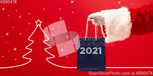 Image of Greeting flyer for ad. Concept of Christmas, 2021 New Year\'s, winter mood, holidays. Copyspace, postcard.