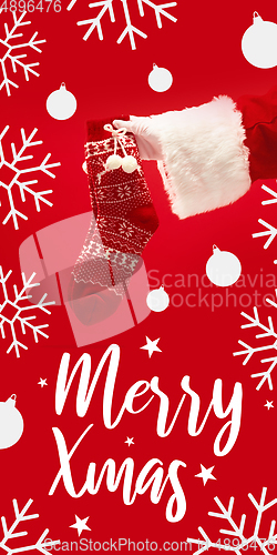 Image of Greeting flyer for ad. Concept of Christmas, 2021 New Year\'s, winter mood, holidays. Copyspace, postcard.