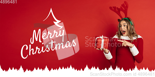 Image of Greeting flyer for ad. Concept of Christmas, 2021 New Year\'s, winter mood, holidays. Copyspace, postcard.