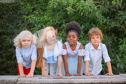 Image of Interracial group of kids, girls and boys playing together at the park in summer day