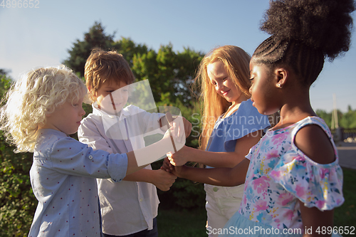 Image of Interracial group of kids, girls and boys playing together at the park in summer day