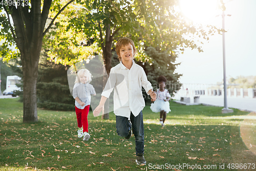 Image of Interracial group of kids, girls and boys playing together at the park in summer day