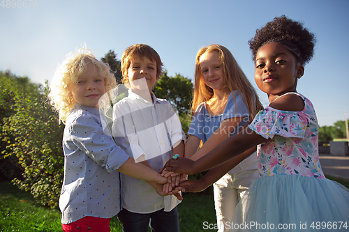 Image of Interracial group of kids, girls and boys playing together at the park in summer day