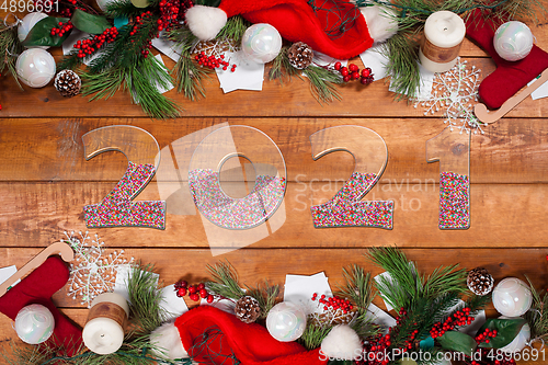 Image of Greeting flyer for ad. Concept of Christmas, 2021 New Year\'s, winter mood, holidays. Copyspace, postcard.