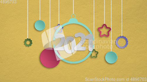 Image of Greeting flyer for ad. Concept of Christmas, 2021 New Year\'s, winter mood, holidays. Copyspace, postcard.