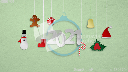 Image of Greeting flyer for ad. Concept of Christmas, 2021 New Year\'s, winter mood, holidays. Copyspace, postcard.