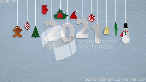 Image of Greeting flyer for ad. Concept of Christmas, 2021 New Year\'s, winter mood, holidays. Copyspace, postcard.