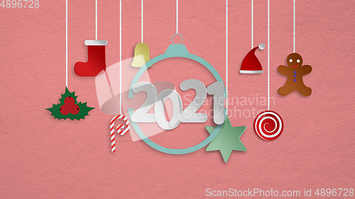 Image of Greeting flyer for ad. Concept of Christmas, 2021 New Year\'s, winter mood, holidays. Copyspace, postcard.