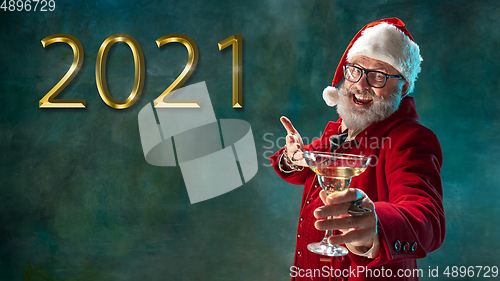 Image of Greeting flyer for ad. Concept of Christmas, 2021 New Year\'s, winter mood, holidays. Copyspace, postcard.