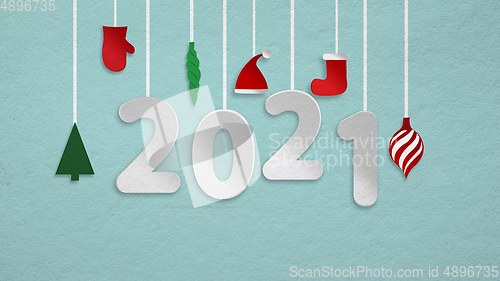 Image of Greeting flyer for ad. Concept of Christmas, 2021 New Year\'s, winter mood, holidays. Copyspace, postcard.