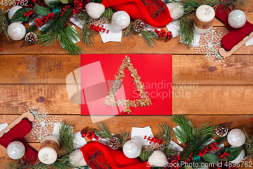 Image of Greeting flyer for ad. Concept of Christmas, 2021 New Year\'s, winter mood, holidays. Copyspace, postcard.