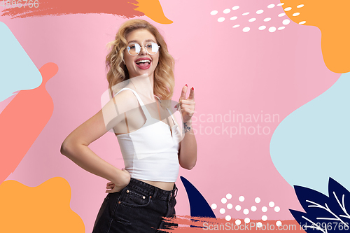 Image of Caucasian woman\'s portrait isolated on bright, modern illustrated background.