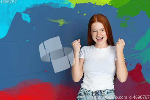 Image of Caucasian teens girl portrait isolated on bright, modern illustrated background.