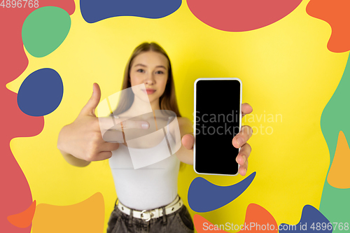 Image of Caucasian teens girl portrait isolated on bright, modern illustrated background.