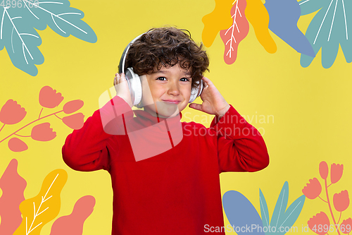 Image of Caucasian boy portrait isolated on bright, modern illustrated background.