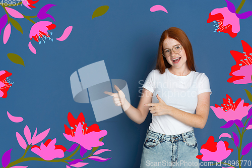 Image of Caucasian teens girl portrait isolated on bright, modern illustrated background.