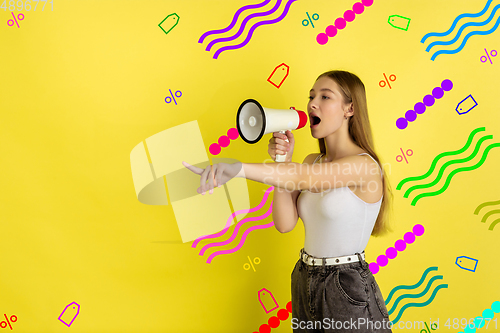 Image of Caucasian teens girl portrait isolated on bright, modern illustrated background.