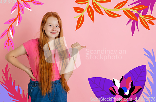 Image of Caucasian teens girl portrait isolated on bright, modern illustrated background.