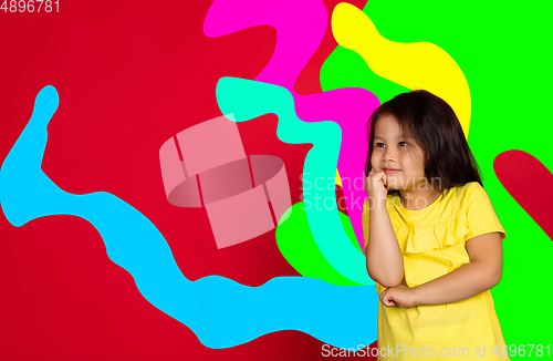 Image of Asian little girl portrait isolated on bright, modern illustrated background.