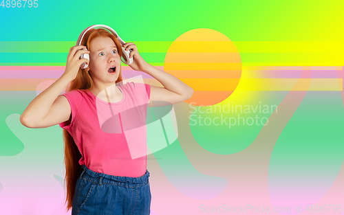 Image of Caucasian teens girl portrait isolated on bright, modern illustrated background.