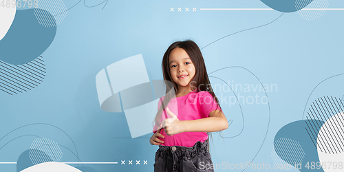 Image of Caucasian little girl portrait isolated on bright, modern illustrated background.