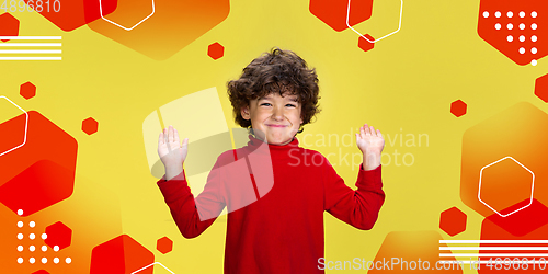 Image of Caucasian boy portrait isolated on bright, modern illustrated background.