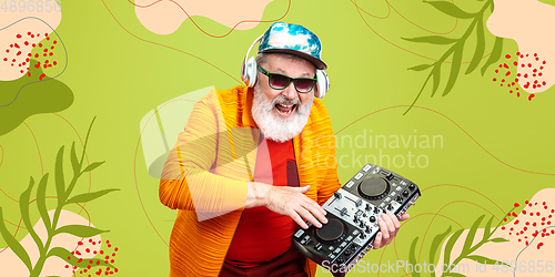 Image of Senior hipster man using devices, gadgets. Tech and joyful elderly lifestyle concept. Bright illustrated background