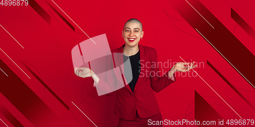 Image of Caucasian woman\'s portrait isolated on bright, modern illustrated background.