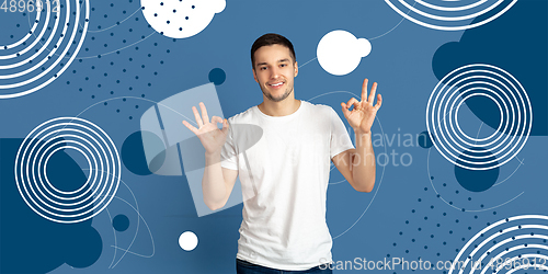 Image of Caucasian man portrait isolated on bright, modern illustrated background.