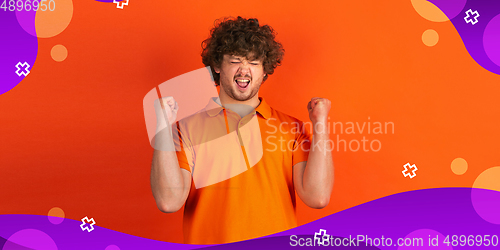 Image of Caucasian man portrait isolated on bright, modern illustrated background.