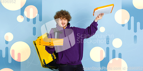 Image of Caucasian man portrait isolated on bright, modern illustrated background.
