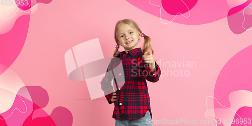 Image of Caucasian little girl portrait isolated on bright, modern illustrated background.