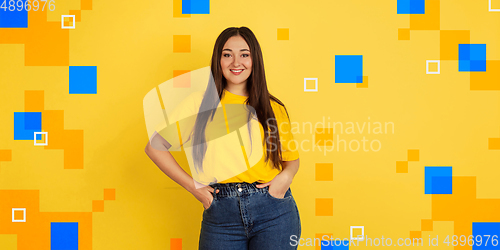 Image of Caucasian woman\'s portrait isolated on bright, modern illustrated background.