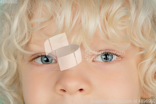 Image of Portrait of beautiful caucasian little boy isolated on blue studio background