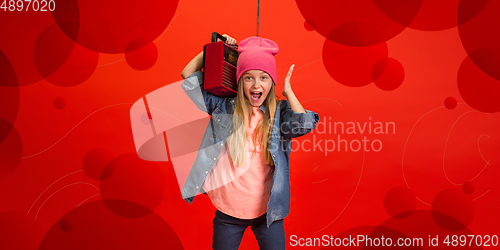 Image of Caucasian teens girl portrait isolated on bright, modern illustrated background.