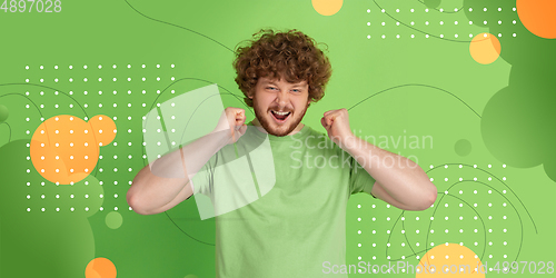 Image of Caucasian man portrait isolated on bright, modern illustrated background.