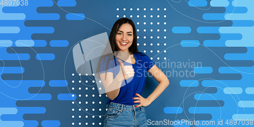 Image of Caucasian woman\'s portrait isolated on bright, modern illustrated background.