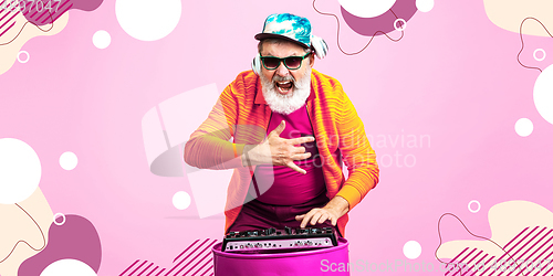 Image of Senior hipster man using devices, gadgets. Tech and joyful elderly lifestyle concept. Bright illustrated background