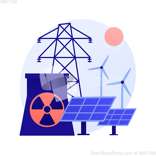 Image of Atomic reactor, windmill and solar battery, energy production vector concept metaphor.